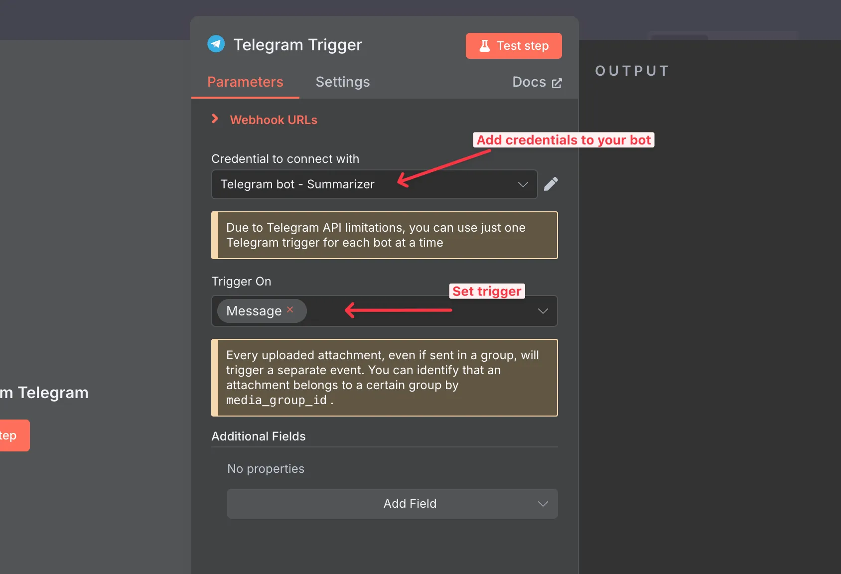 Telegram trigger node